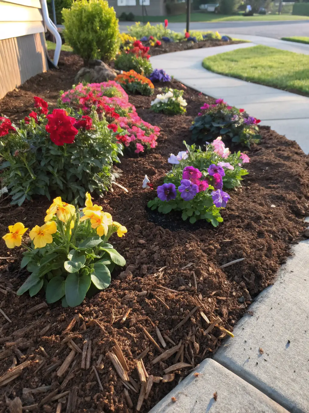 A vibrant garden bed filled with colorful flowers and lush greenery, showcasing Busch Brothers Landscaping's landscaping and planting expertise.