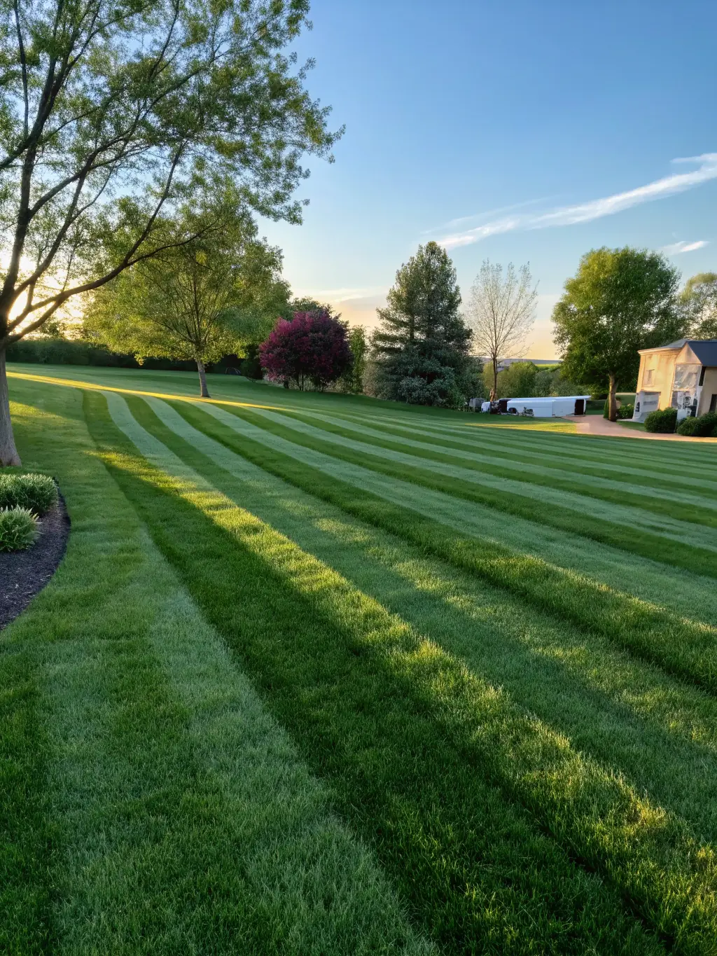 A perfectly manicured lawn with crisp mowing lines, showcasing the quality of Busch Brothers Landscaping's mowing service.