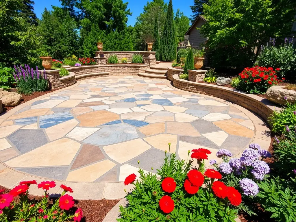 A beautifully designed paver patio with intricate patterns, surrounded by lush landscaping, showcasing Busch Brothers Landscaping's craftsmanship.