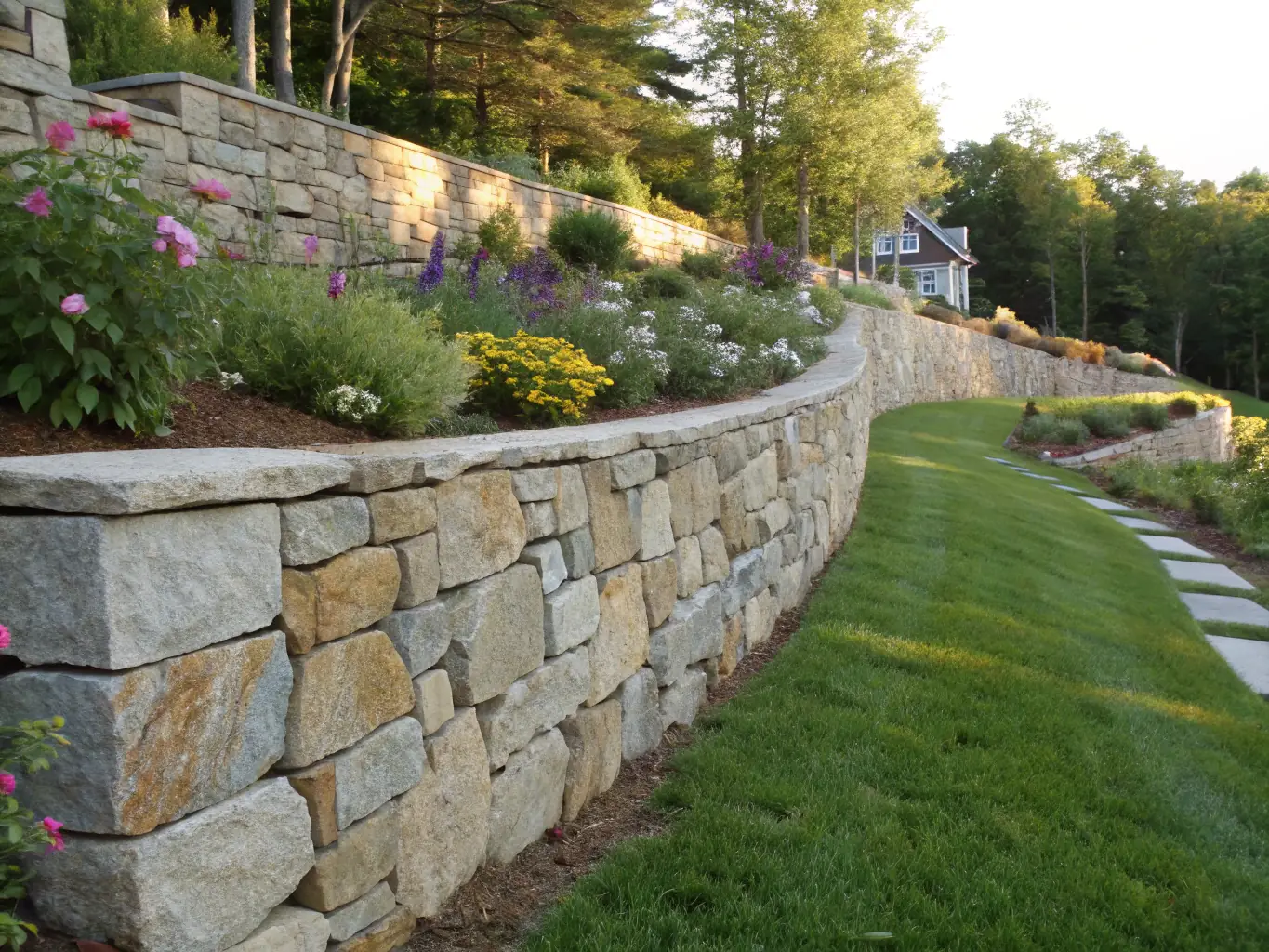 A sturdy stone retaining wall with planting beds on top, integrated into a landscaped yard, demonstrating Busch Brothers Landscaping's expertise in structural landscaping.