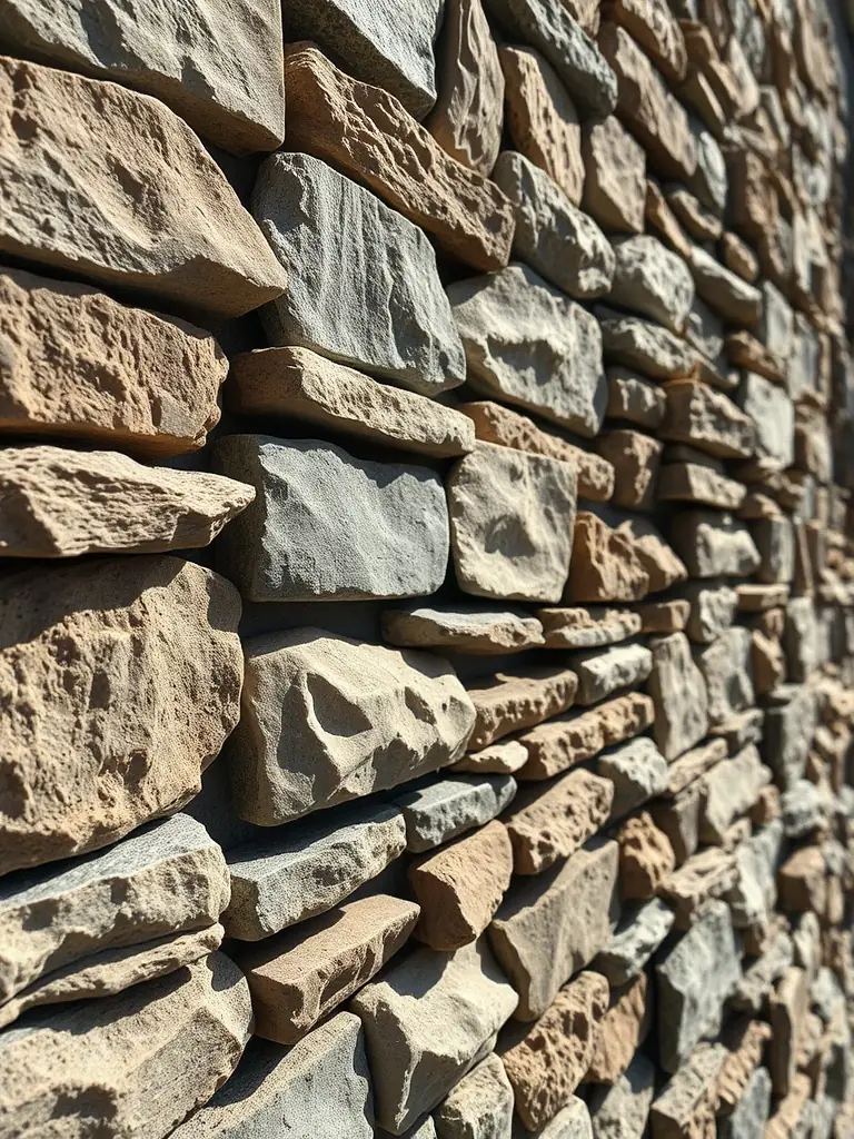 A close-up shot of a stone retaining wall, highlighting the texture and structural integrity of the wall in a residential garden.