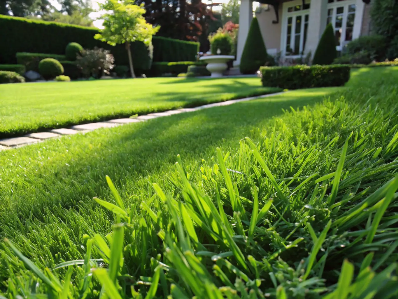 A well-manicured lawn with freshly cut grass, showcasing a tidy and inviting outdoor space maintained by Busch Brothers Landscaping.